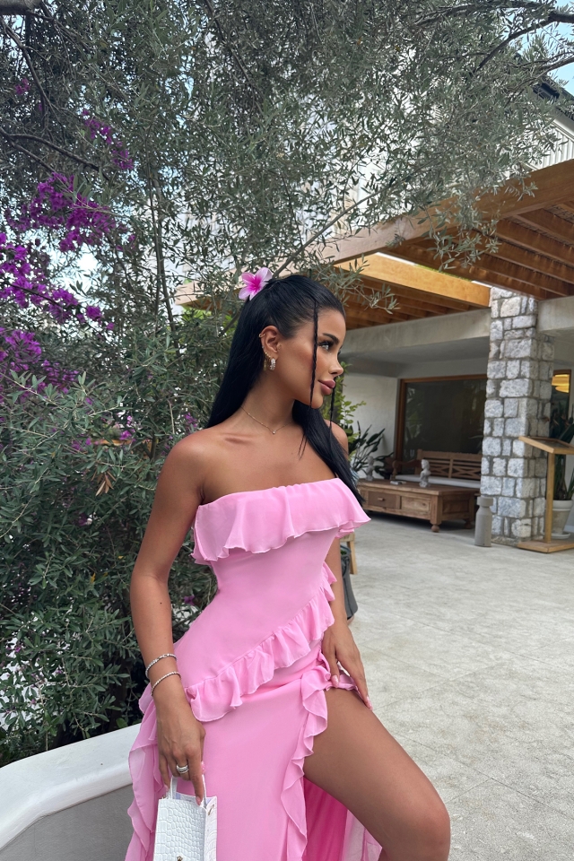 Pembe Fırfırlı Derin Yırtmaçlı Elbise ATE7455
