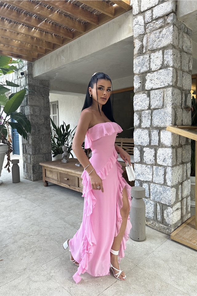 Pembe Fırfırlı Derin Yırtmaçlı Elbise ATE7455