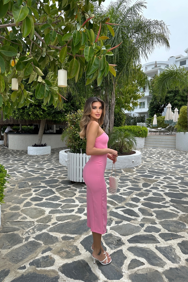 Pembe İp Askılı Yırtmaç Detay Elbise ATE6930
