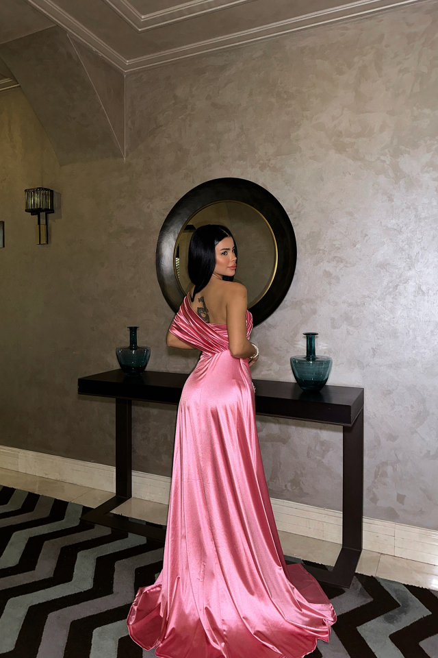 Pembe Omuz Detay Abiye Elbise ATEL2410