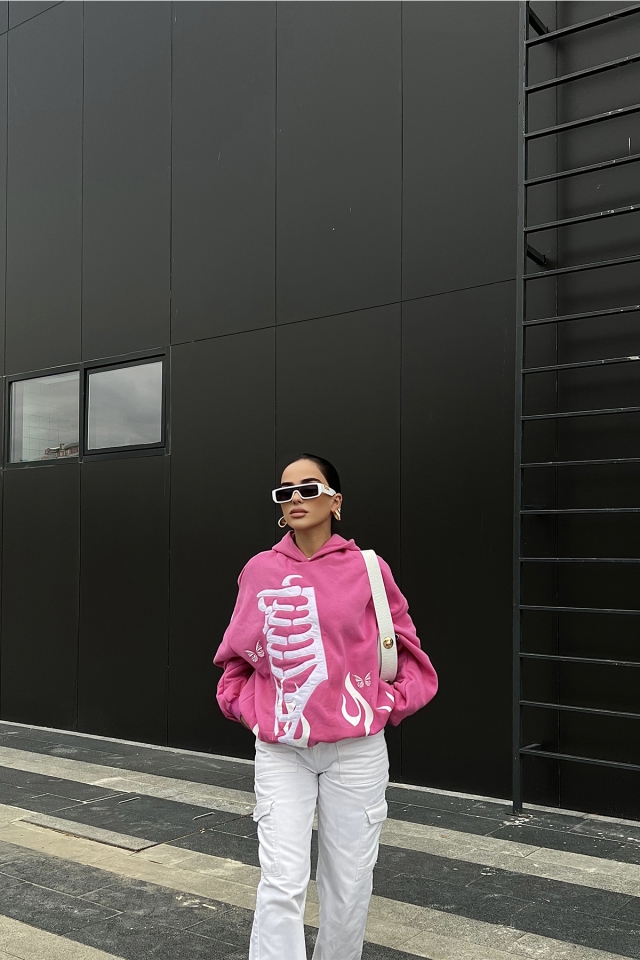 Pembe Önü Baskılı Kapşonlu Sweat ATE2506