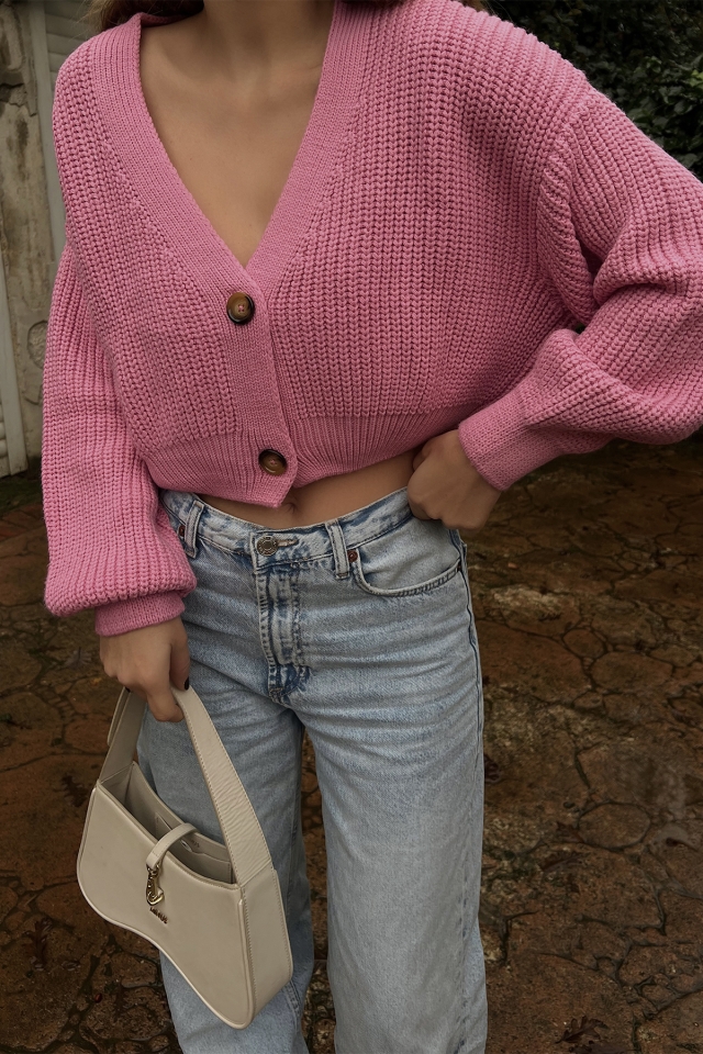 Pembe Önü Düğmeli Triko Hırka ATE2906