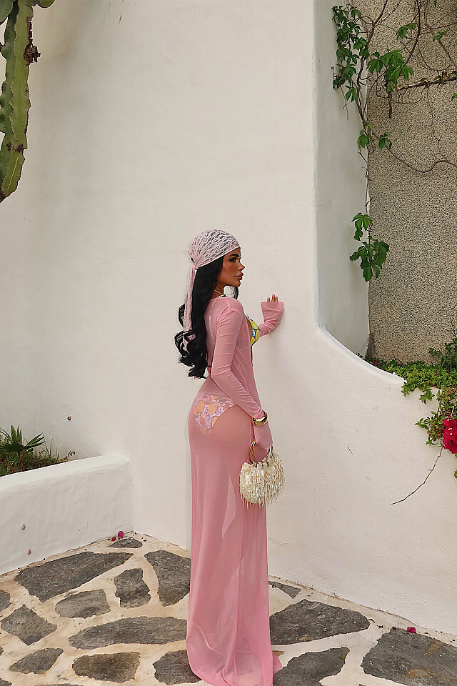 Pembe Pencere Detay Tül Elbise