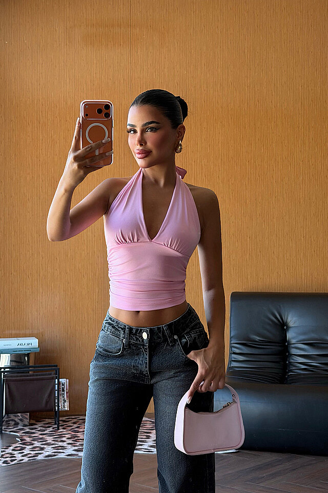 Pembe Sırt Detay Crop Top ATE-5865