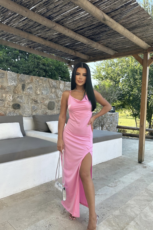 Pembe Sırt Detay Derin Yırtmaçlı Elbise ATE8191