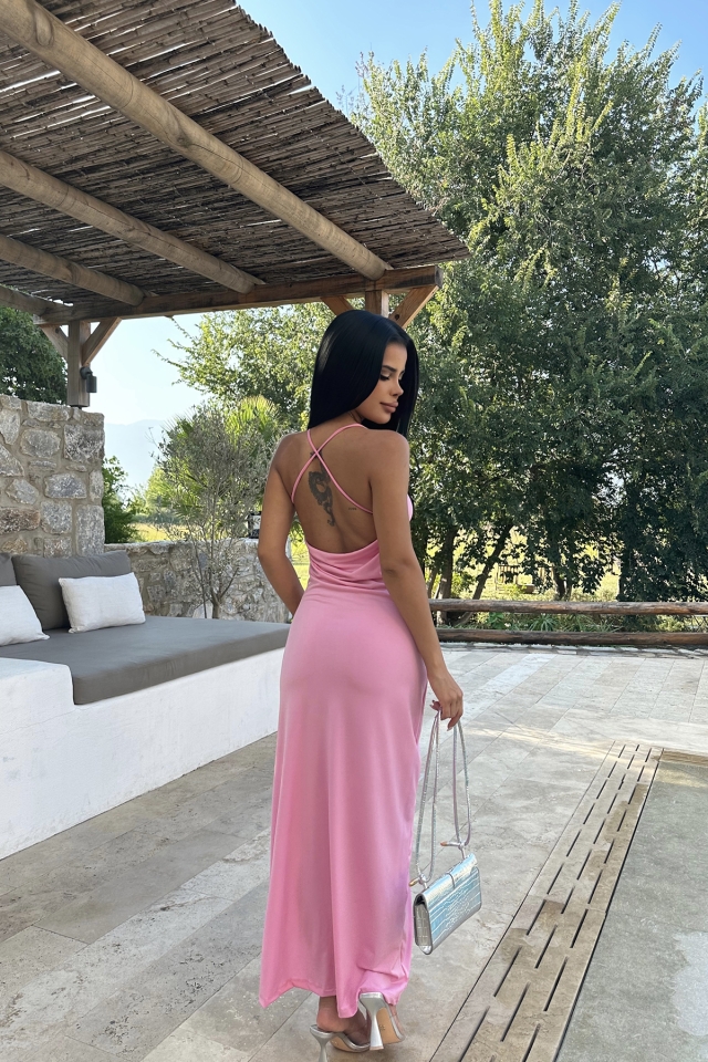 Pembe Sırt Detay Derin Yırtmaçlı Elbise ATE8191
