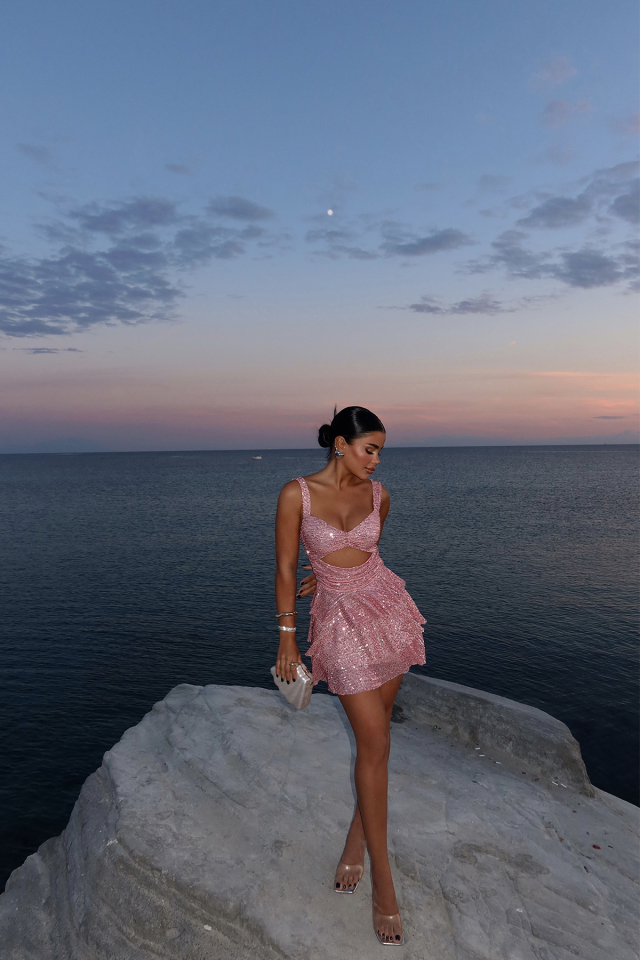 Pembe Malinda Pul Payet Elbise ATE-1620