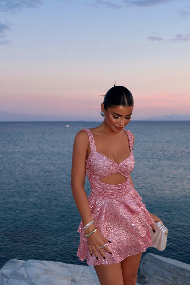 Pembe Malinda Pul Payet Elbise ATE-1620