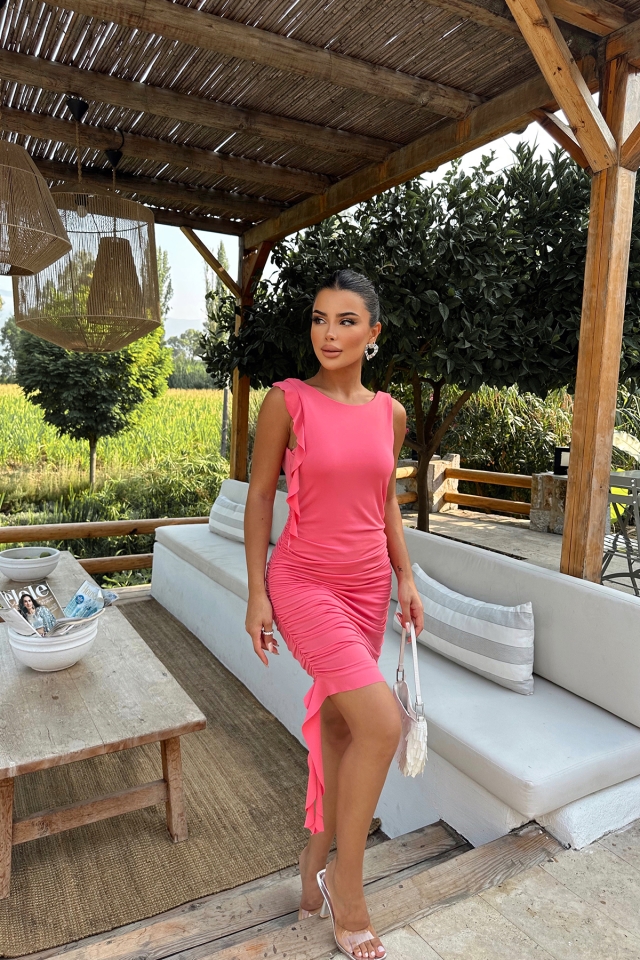 Pembe Yanları Büzgülü Mini Elbise ATE8025