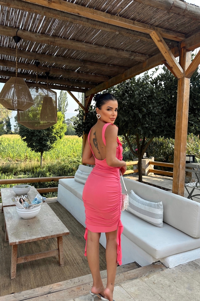 Pembe Yanları Büzgülü Mini Elbise ATE8025