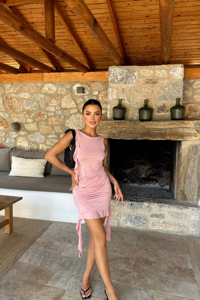 Pudra Yanları Büzgülü Mini Elbise ATE8029