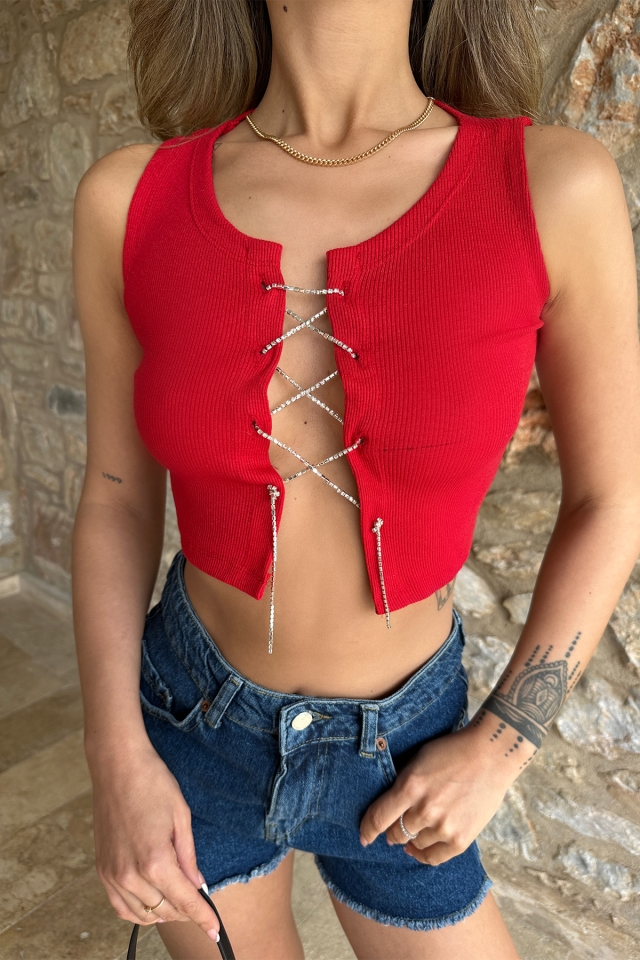 Red Front Stone Detail Crop Top ATE6419