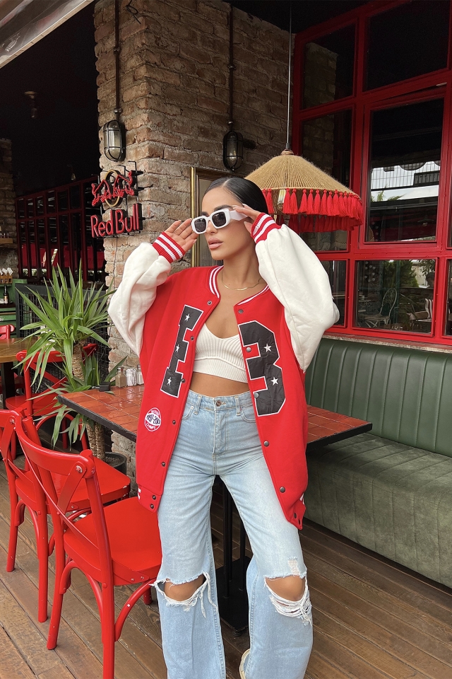Red Leather Sleeves College Jacket ATE1962