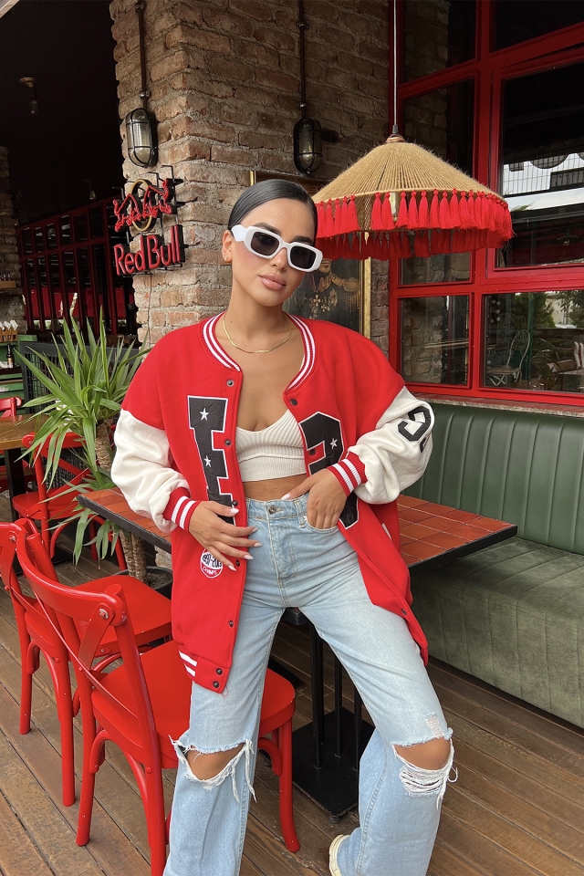 Red Leather Sleeves College Jacket ATE1962