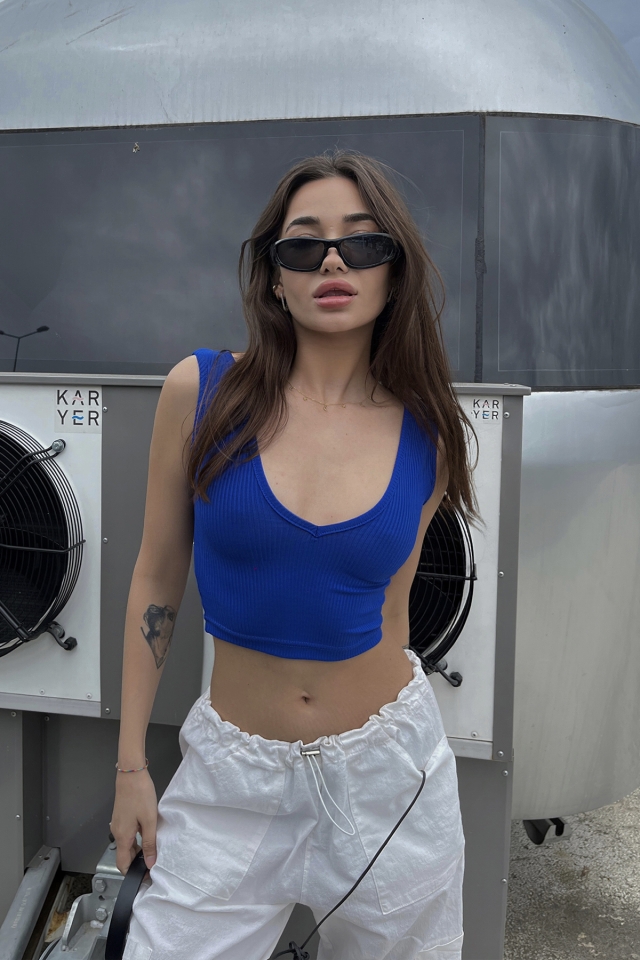 Saks Askılı Basic Crop Top