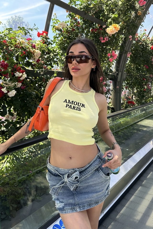 Sarı Amour Parıs Yazılı Crop Top ATE7317