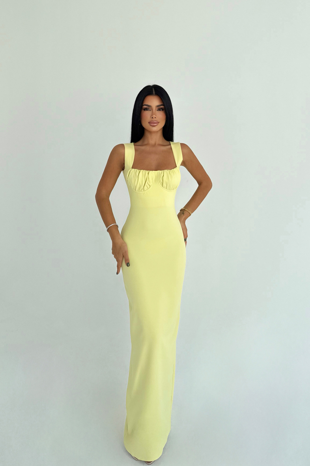 Sarı Shawly Uzun Elbise ATE-3489 - EYYO