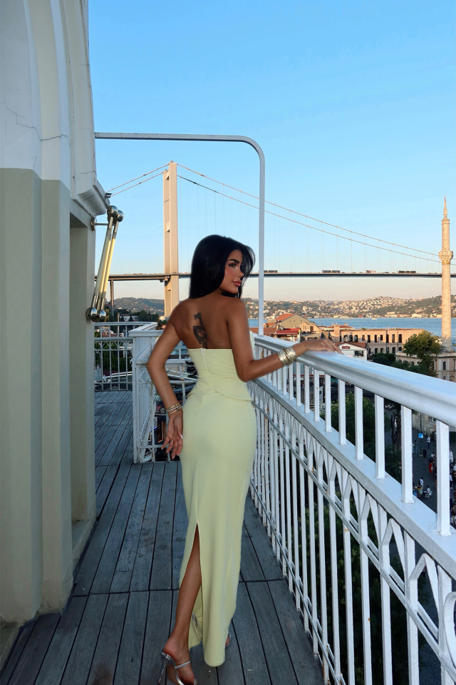 Sarı Soho Korse Detaylı Uzun Elbise ATE-3202