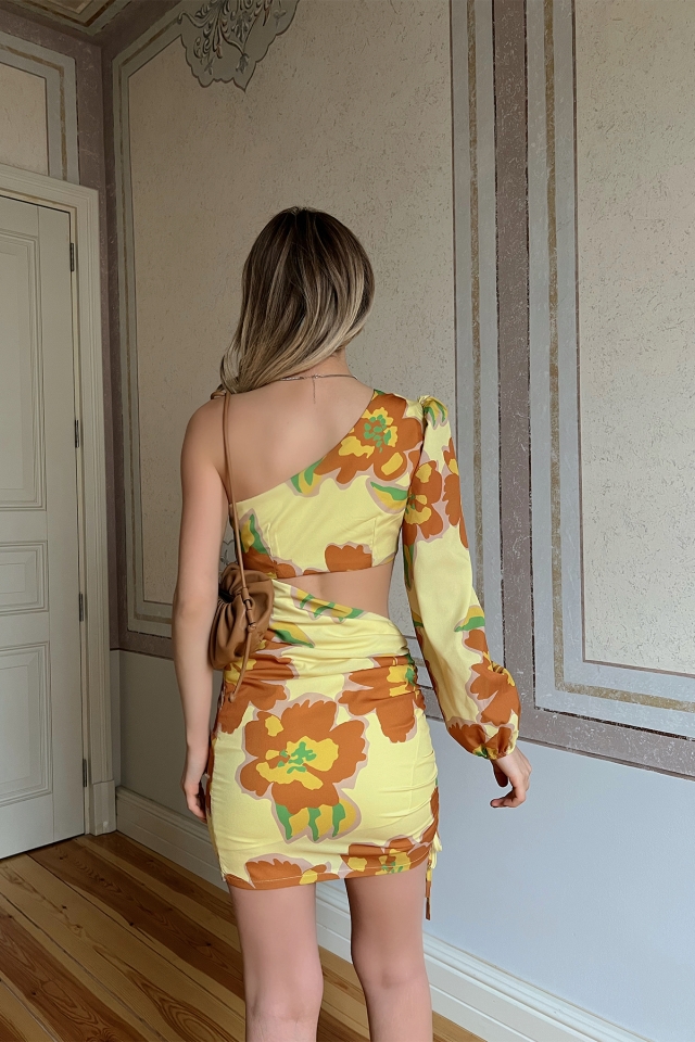 Sarı Çiçekli Tek Kol Pencereli Elbise ATE1052 - Thumbnail