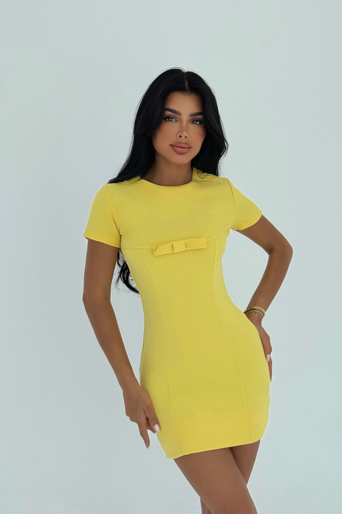 Sarı Ynise Fiyonk Detaylı Mini Elbise ATE-3013
