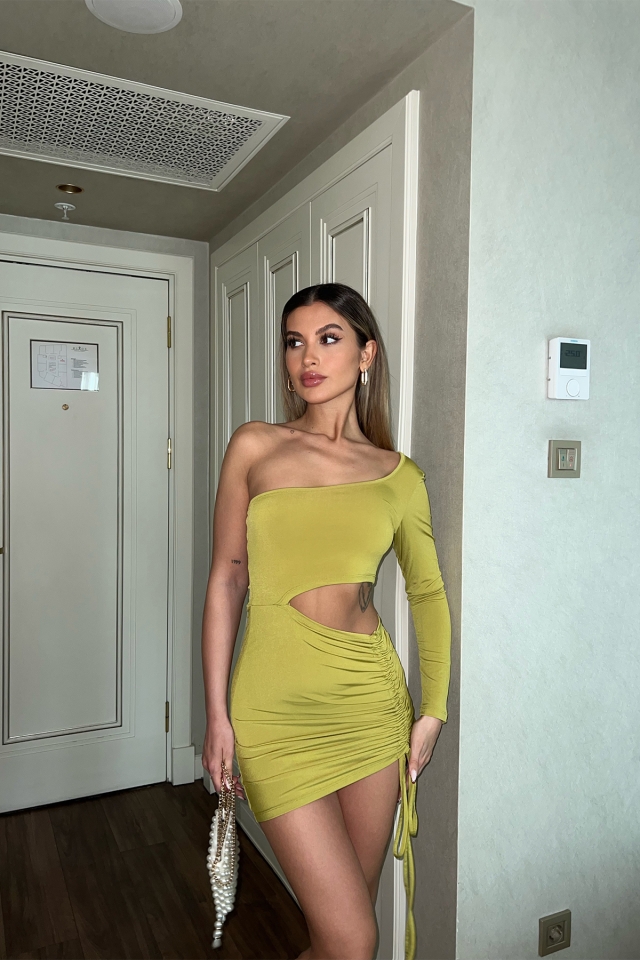 Sarı Tek Kol Mini Elbise ATE4654 - EYYO