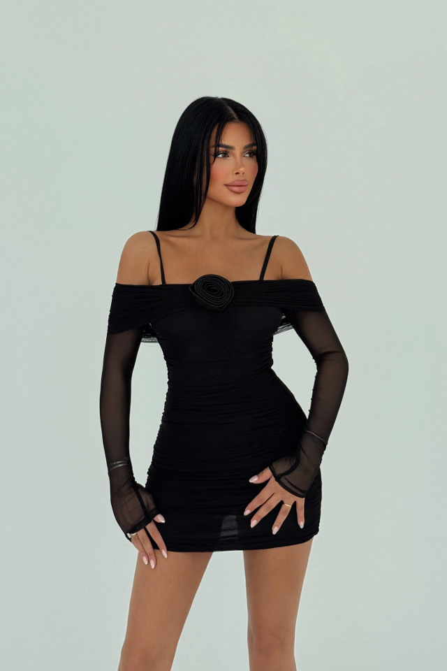 Siyah Askılı Gül Detay Elbise ATE-1499 - EYYO