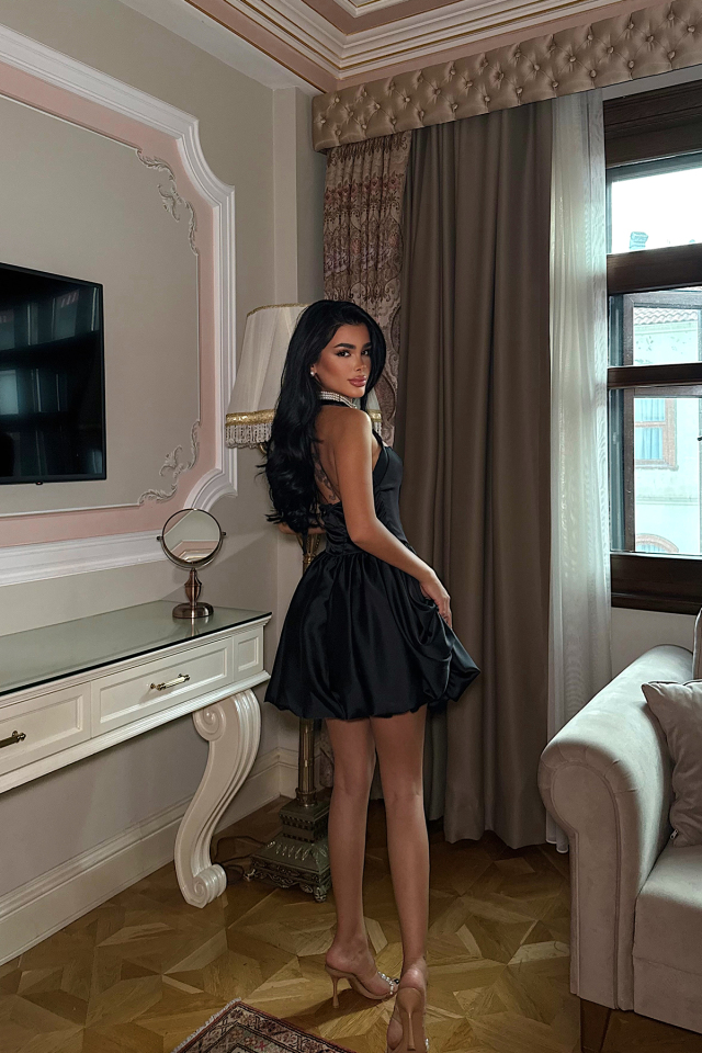 Siyah Estella Mini Etek Ucu Balon Elbise ATE-3344