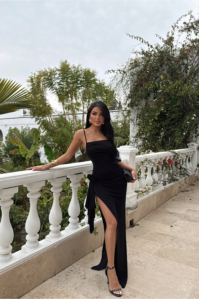 Siyah Bedhany Gül Detaylı Yırtmaçlı Uzun Elbise ATE-2318 - EYYO