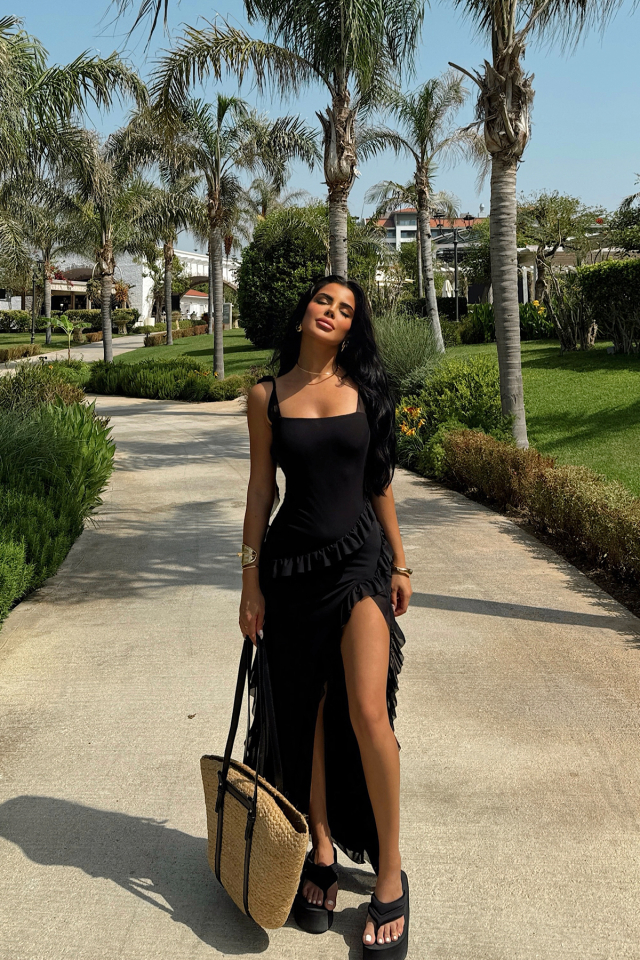 Siyah Astrid Yırtmaçlı Uzun Elbise ATE-1052 - EYYO