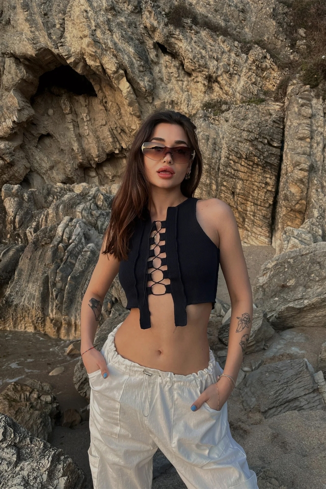 Lacivert Bağlamalı Crop Top ATE4934