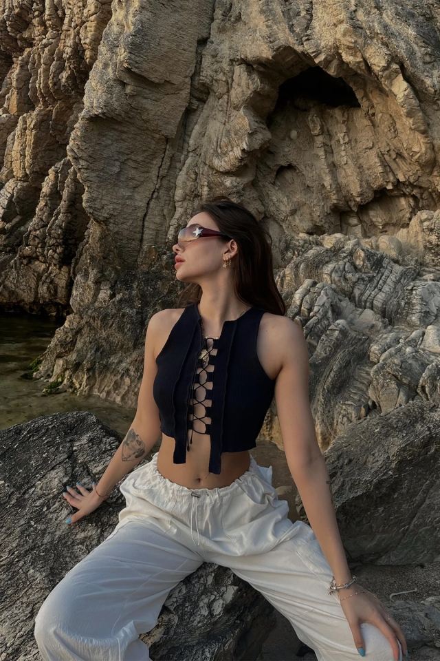 Lacivert Bağlamalı Crop Top ATE4934