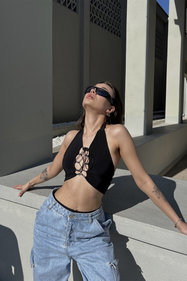 Siyah Bağlamalı Crop Top ATE5121 - DEPPOT