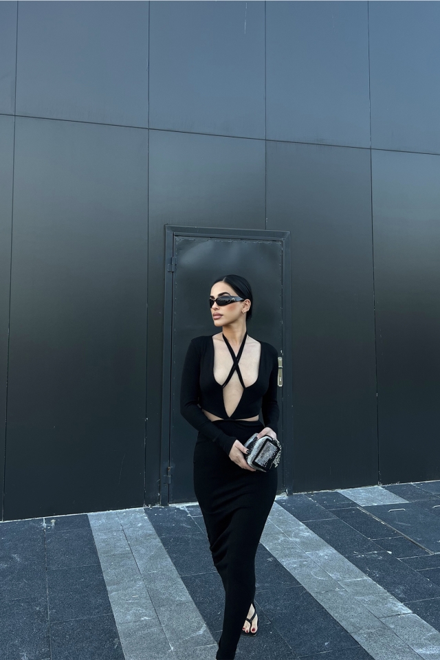 Eleni Siyah Bağlamalı Etekli Takım ATE2022 - EYYO ATELIER