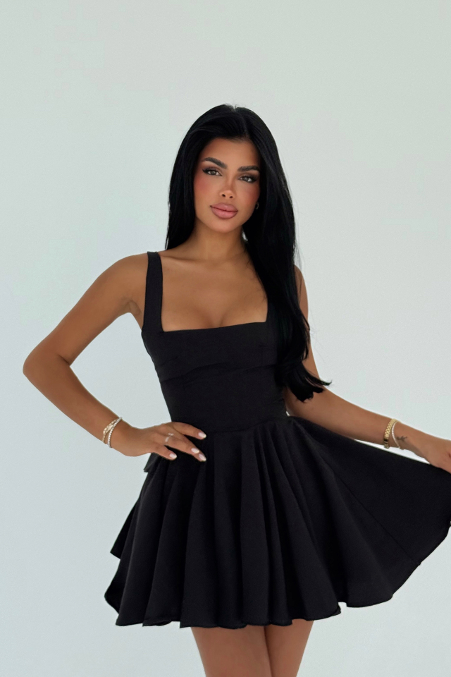 Siyah Nolan Arkası Fiyonk Detaylı Mini Elbise ATE-2945