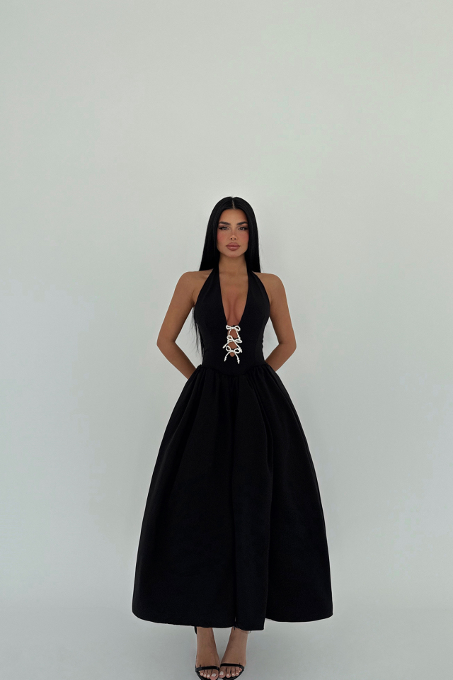 Siyah Ballerina İncili Fiyonk Detay Elbise ATE-2558 - EYYO