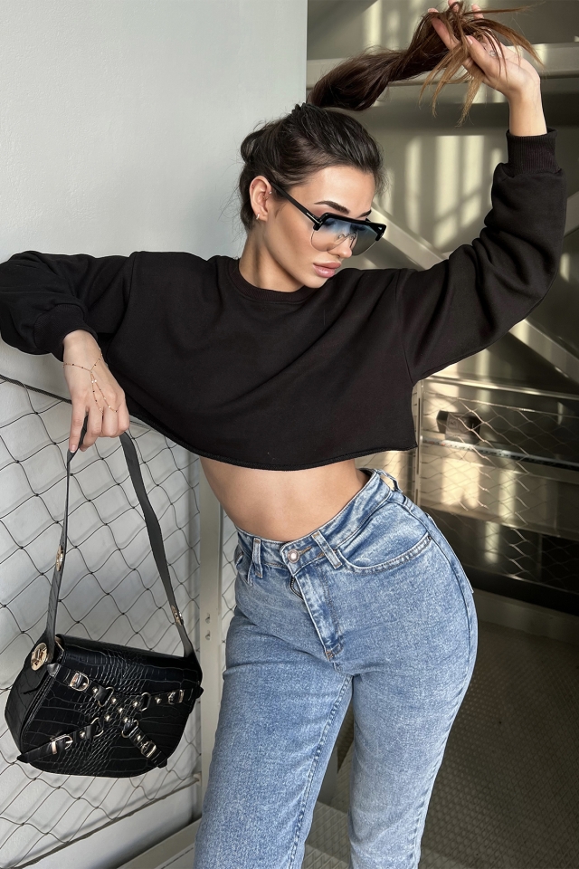 Siyah Basic Crop Top ATE3080