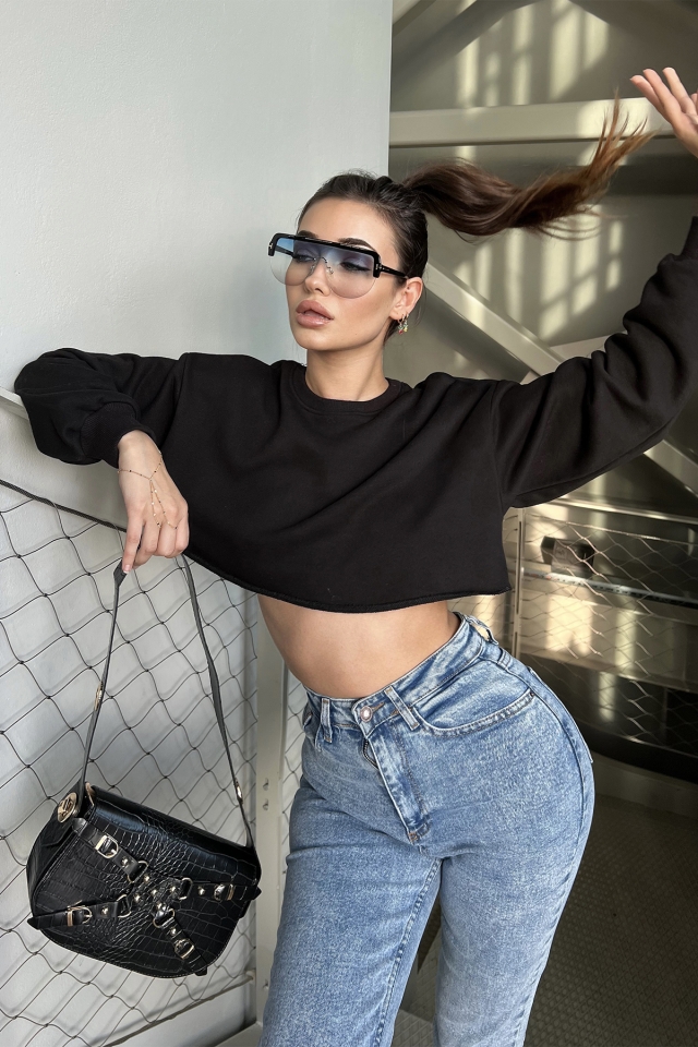 Siyah Basic Crop Top ATE3080