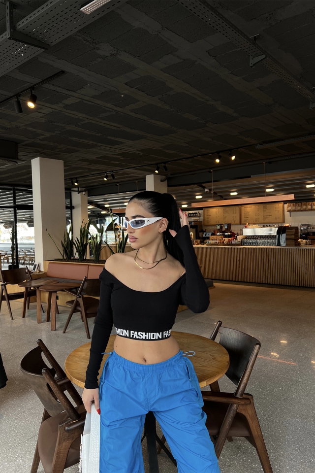 Siyah Baskılı Crop Top ATE3455