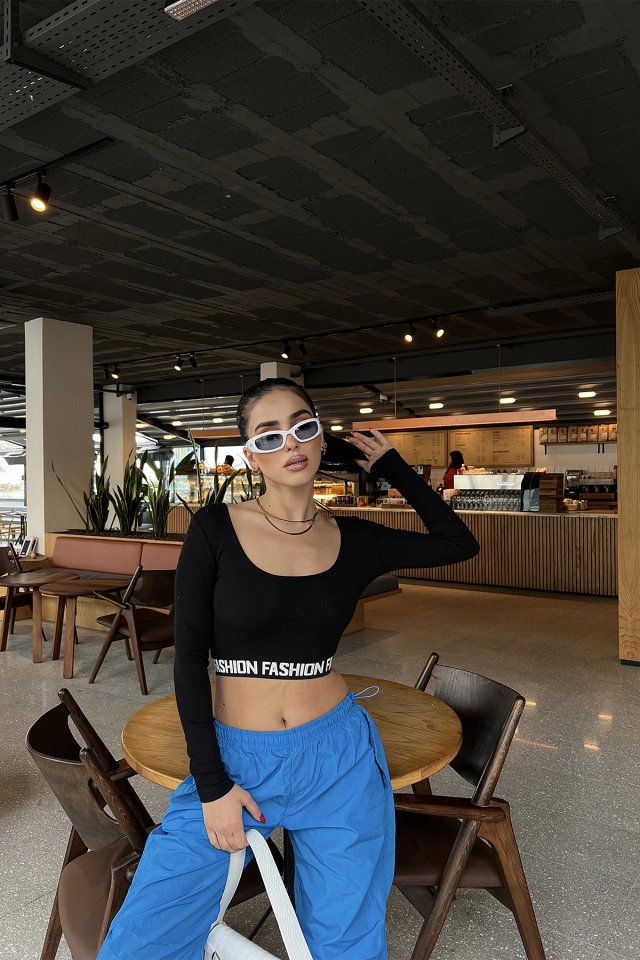 Siyah Baskılı Crop Top ATE3455