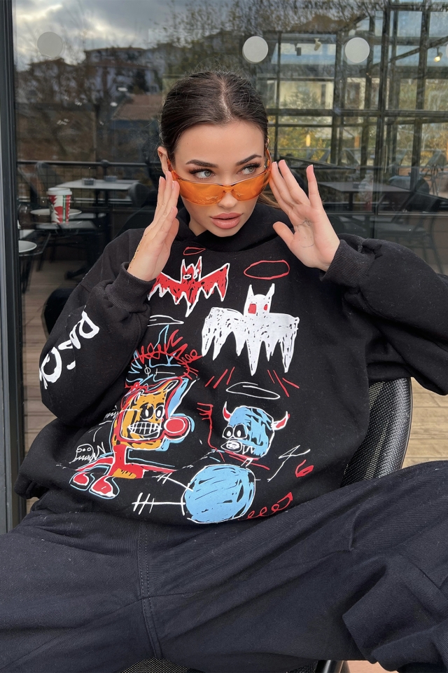 Siyah Baskılı Oversize Kapşonlu Sweat ATE3071 - EYYO