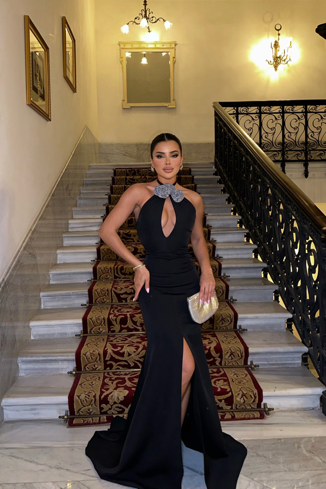 Peyton Boyundan Bağlamalı Yırtmaç Detay Elbise ATE-0540 - EYYO