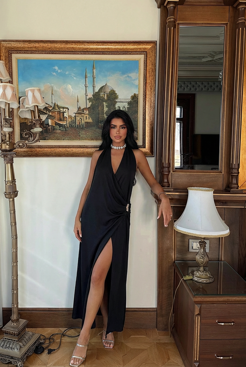 Siyah Constas Aksesuar Detaylı Elbise ATE-3550