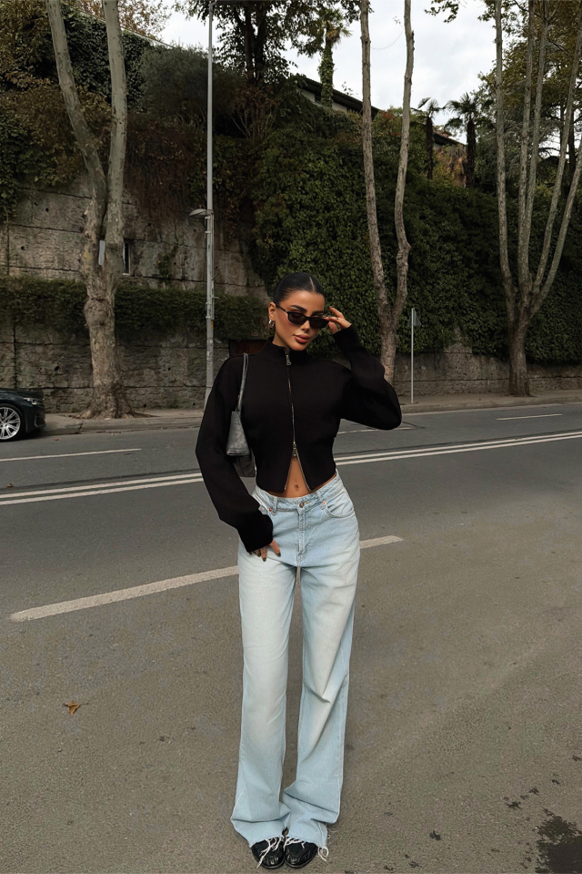 Siyah Balboa Çift Fermuarlı Triko Hırka ATE-3895 - EYYO