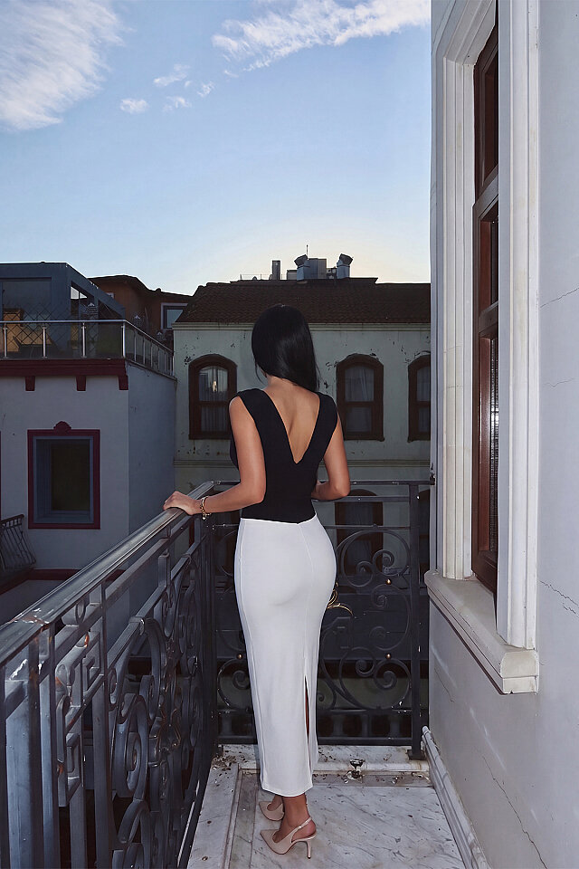 Siyah Çift Renk Midi Elbise