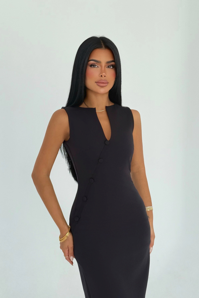 Siyah Saddler Düğme Aksesuarlı Elbise ATE-3171