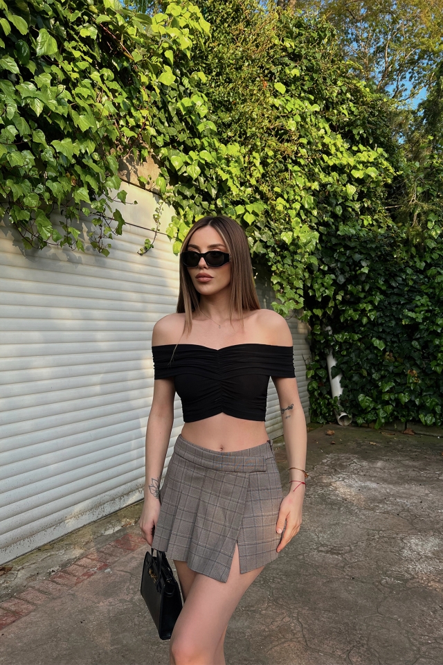 Siyah Düşük Kol Crop Top ATE6404 - gecce