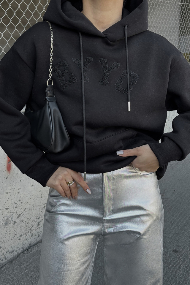 Siyah Eyyo Nakışlı Kapşonlu Sweat ATE-0802