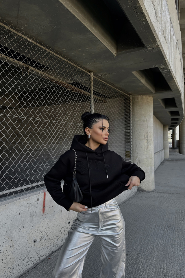 Siyah Eyyo Nakışlı Kapşonlu Sweat ATE-0802