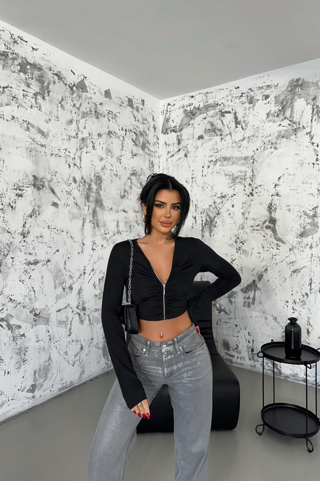 Siyah Fermuar Detay Uzun Kol Crop Top ATE-0171 - gecce