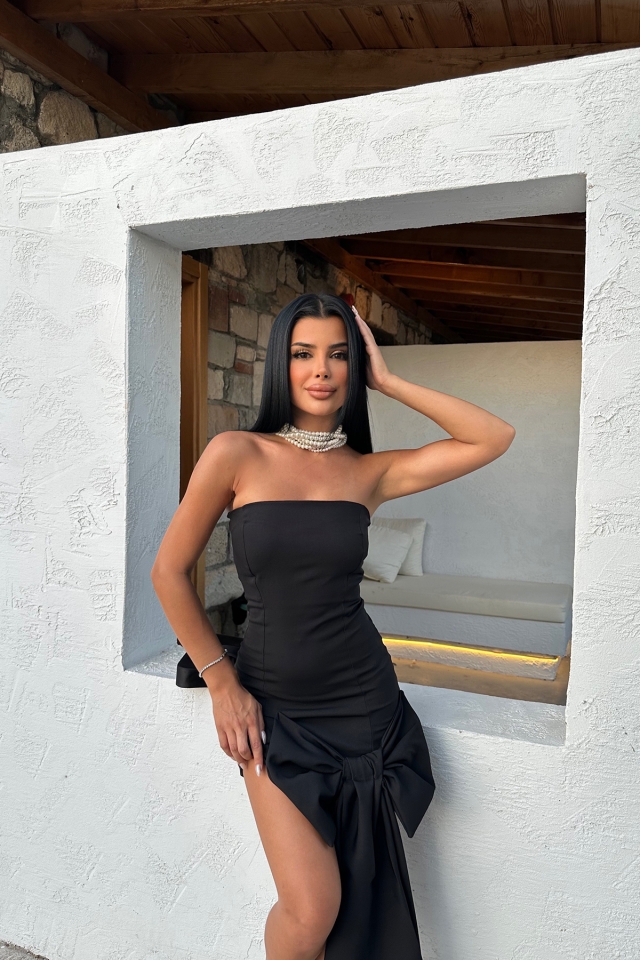 Siyah Fiyonk Detay Straplez Elbise Ate7943 - EYYO